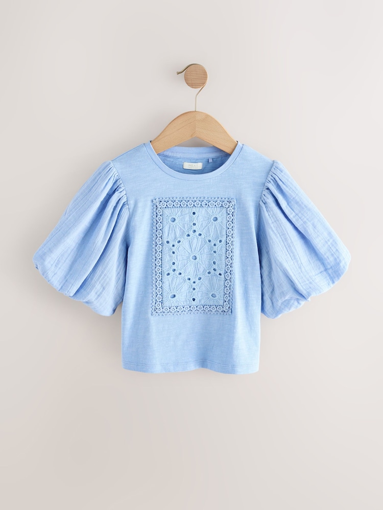 Blue 100% Cotton Puff Sleeve Crochet T-Shirt (3-16yrs) - Image 5 of 8