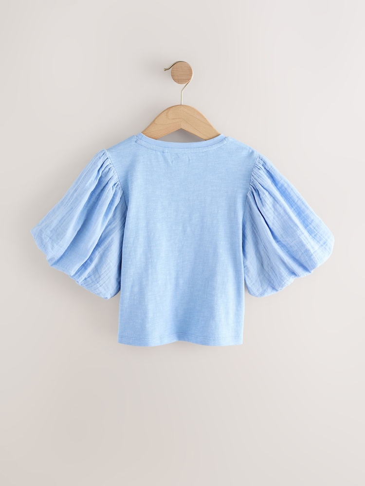 Blue 100% Cotton Puff Sleeve Crochet T-Shirt (3-16yrs) - Image 6 of 8