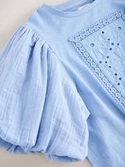 Blue 100% Cotton Puff Sleeve Crochet T-Shirt (3-16yrs) - Image 8 of 8
