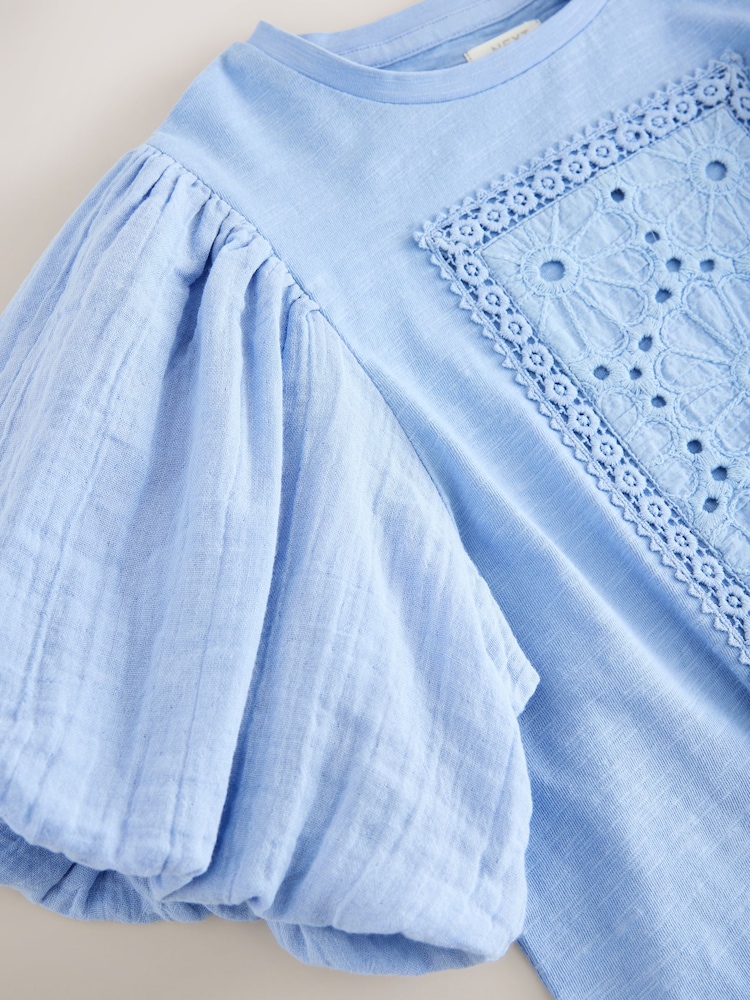 Blue 100% Cotton Puff Sleeve Crochet T-Shirt (3-16yrs) - Image 8 of 8