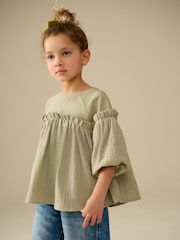 Khaki Green 100% Cotton Puff Sleeve Peplum T-Shirt (3-16yrs) - Image 1 of 8