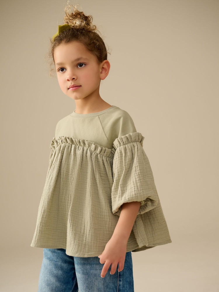 Khaki Green 100% Cotton Puff Sleeve Peplum T-Shirt (3-16yrs) - Image 1 of 8
