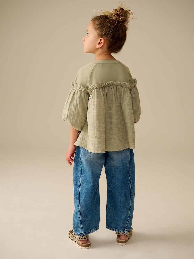 Khaki Green 100% Cotton Puff Sleeve Peplum T-Shirt (3-16yrs) - Image 3 of 8