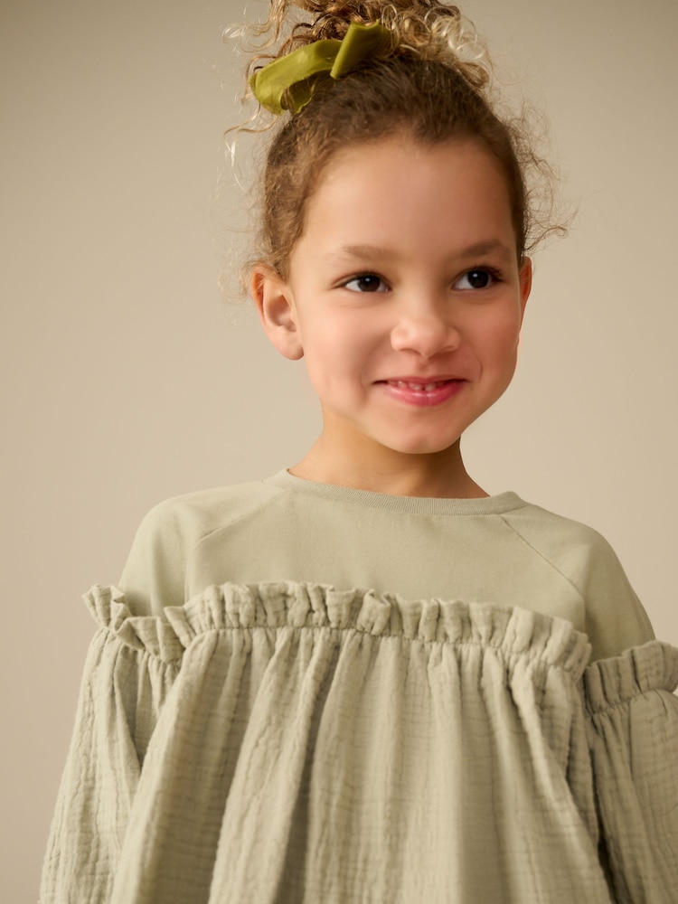 Khaki Green 100% Cotton Puff Sleeve Peplum T-Shirt (3-16yrs) - Image 4 of 8