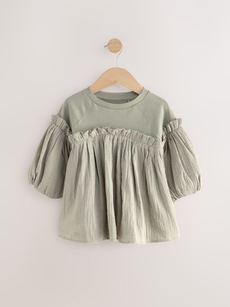 Khaki Green 100% Cotton Puff Sleeve Peplum T-Shirt (3-16yrs) - Image 5 of 8