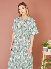 Yumi Green 100% Cotton Palm Print Tiered Tunic Dress - Image 1 of 5