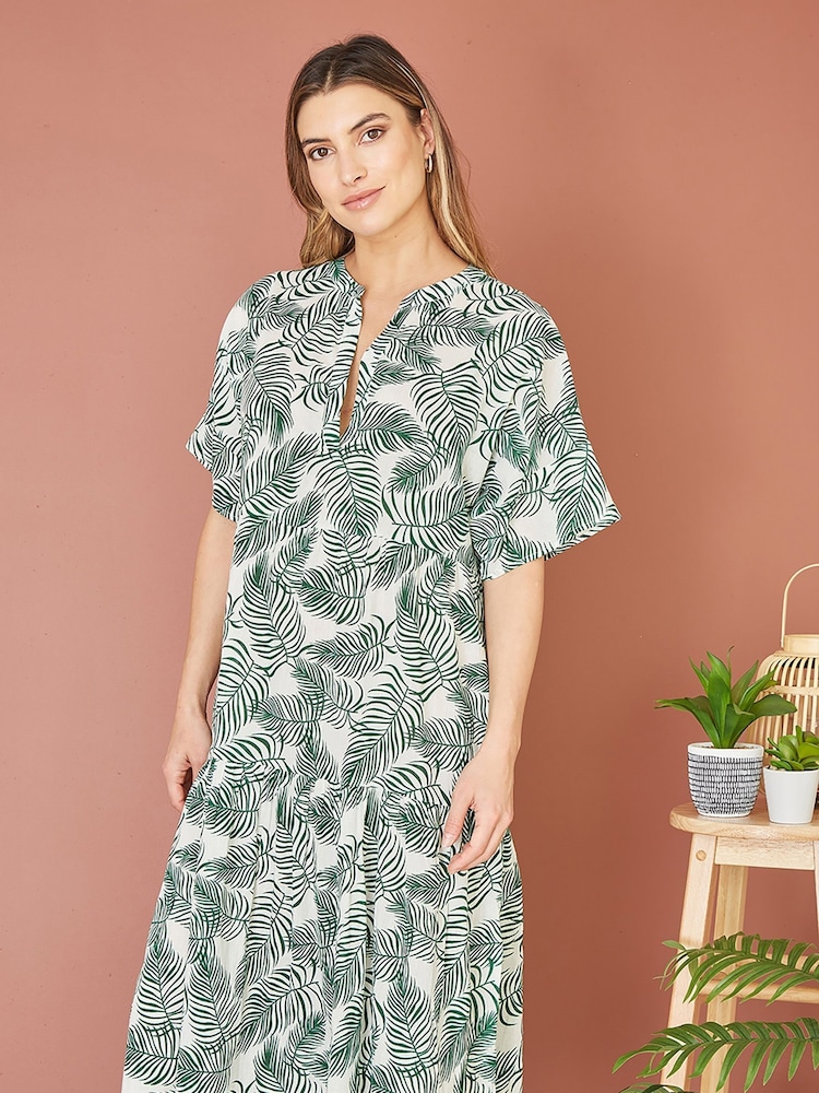 Yumi Green 100% Cotton Palm Print Tiered Tunic Dress - Image 1 of 5 Yumi Green 100% Cotton Palm Print Tiered Tunic Dress - Image 1 of 5
