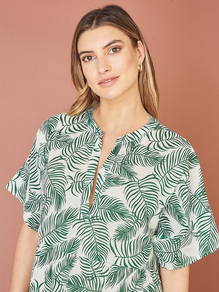 Yumi Green 100% Cotton Palm Print Tiered Tunic Dress - Image 2 of 5 Yumi Green 100% Cotton Palm Print Tiered Tunic Dress - Image 2 of 5