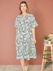 Yumi Green 100% Cotton Palm Print Tiered Tunic Dress - Image 3 of 5