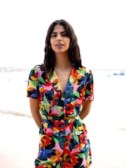 Yumi Black Tropical Leaf Print Playsuit - Image 1 of 5