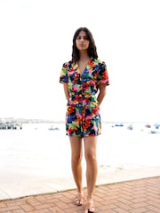 Yumi Black Tropical Leaf Print Playsuit - Image 2 of 5