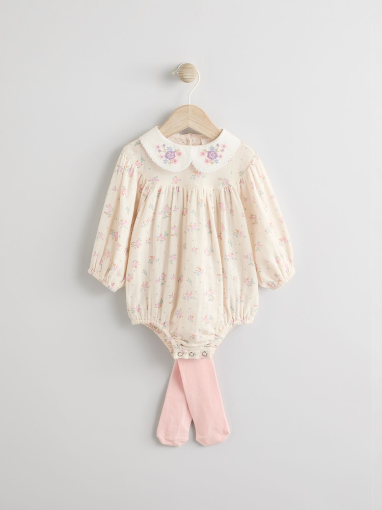 Ecru Floral Embroidered - Baby Bloomer Romper with Tights (0mths-2yrs) - Imagen 1 de 10 Ecru Floral Embroidered - Baby Bloomer Romper with Tights (0mths-2yrs) - Imagen 1 de 10