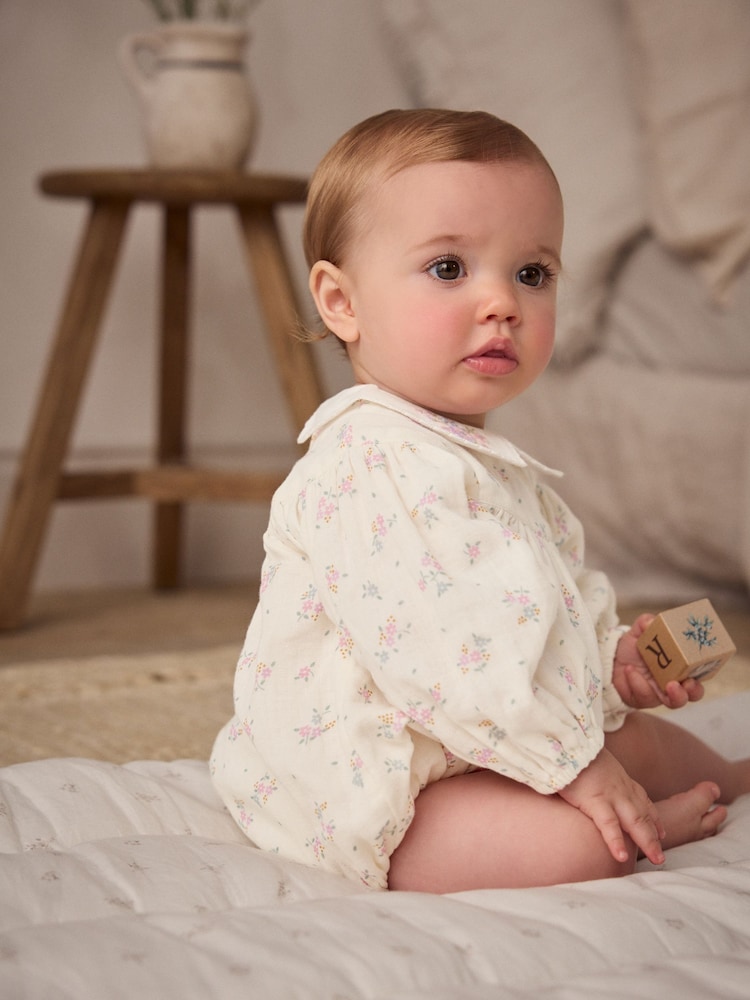 Ecru Floral Embroidered Baby Bloomer Romper with Tights (0mths-2yrs) - Image 7 of 10