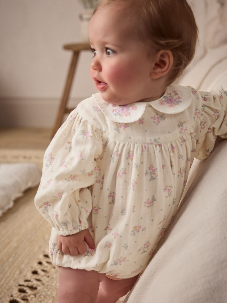 Ecru Floral Embroidered Baby Bloomer Romper with Tights (0mths-2yrs) - Image 9 of 10