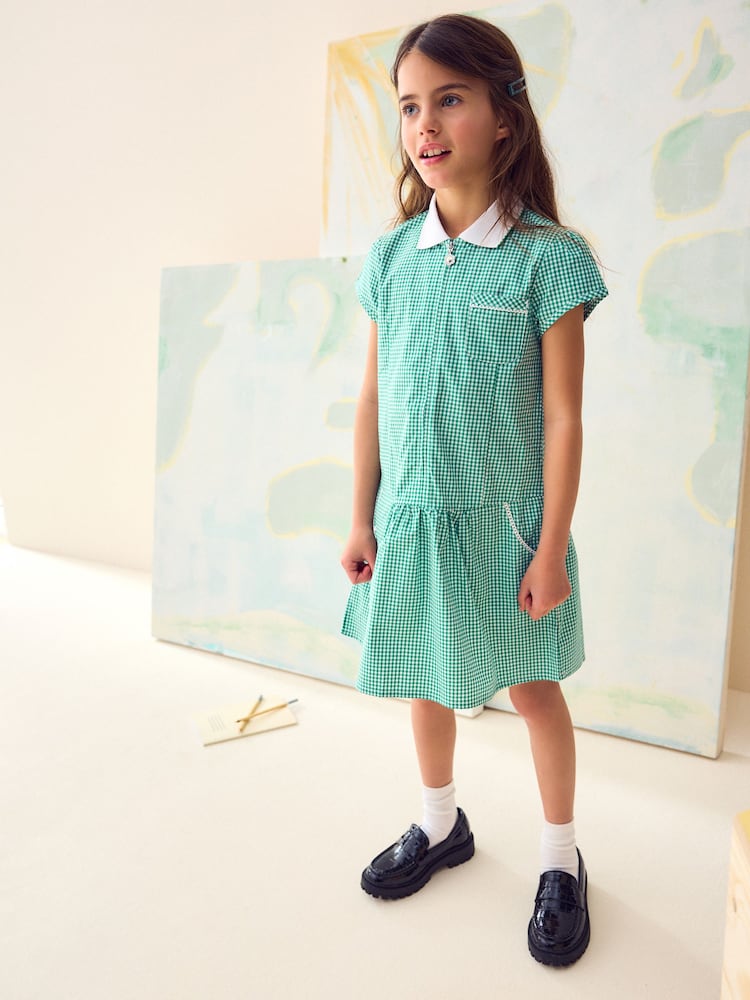 Green Zip Front Cotton Rich Gingham School Dress (3-14yrs) - Image 1 of 5
