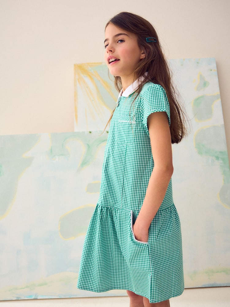Green Zip Front Cotton Rich Gingham School Dress (3-14yrs) - Image 3 of 10