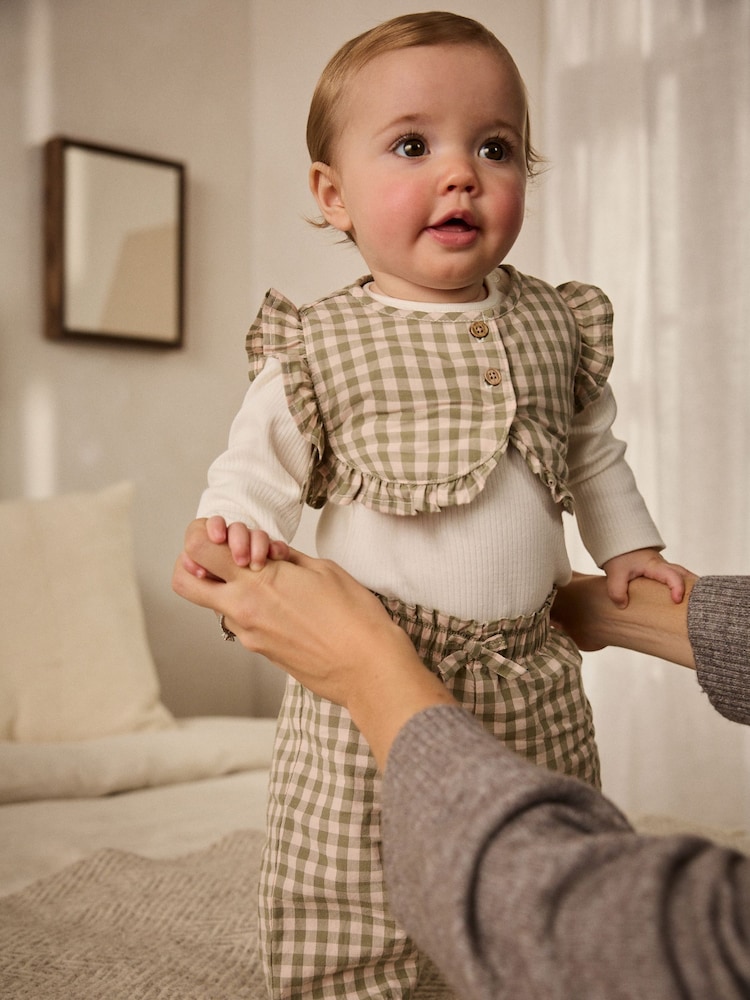 Green Gingham 3 Piece Baby Long Sleeve Bodysuit, Trousers & Gilet Set (0mths-2yrs) - Image 1 of 19