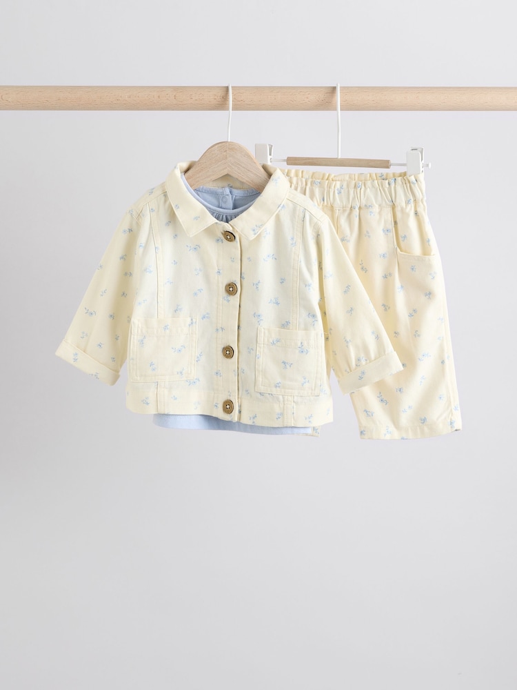 White/Blue Floral Print Baby Long Sleeve 100% Cotton Bodysuit Denim Jacket & Trousers 3 Piece Set (0mths-2yrs) - Image 1 of 17