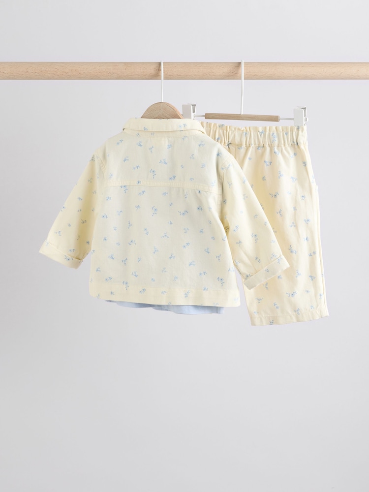 White/Blue Floral Print Baby Long Sleeve 100% Cotton Bodysuit Denim Jacket & Trousers 3 Piece Set (0mths-2yrs) - Image 2 of 17