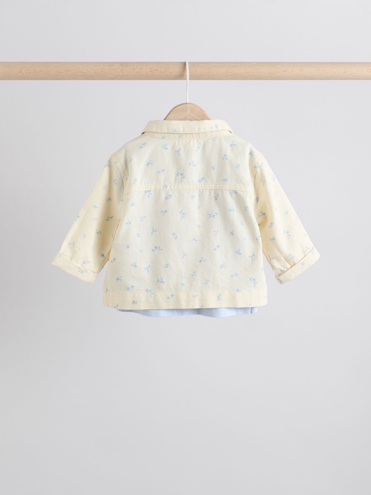White/Blue Floral Print Baby Long Sleeve 100% Cotton Bodysuit Denim Jacket & Trousers 3 Piece Set (0mths-2yrs) - Image 4 of 17