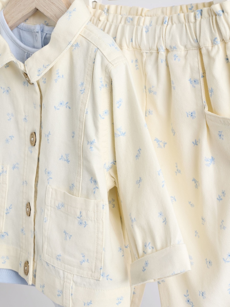 White/Blue Floral Print Baby Long Sleeve 100% Cotton Bodysuit Denim Jacket & Trousers 3 Piece Set (0mths-2yrs) - Image 8 of 17
