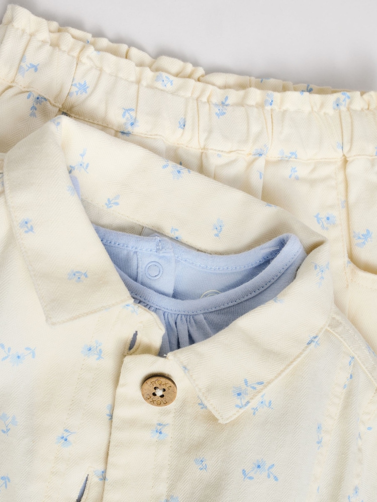 White/Blue Floral Print Baby Long Sleeve 100% Cotton Bodysuit Denim Jacket & Trousers 3 Piece Set (0mths-2yrs) - Image 9 of 17