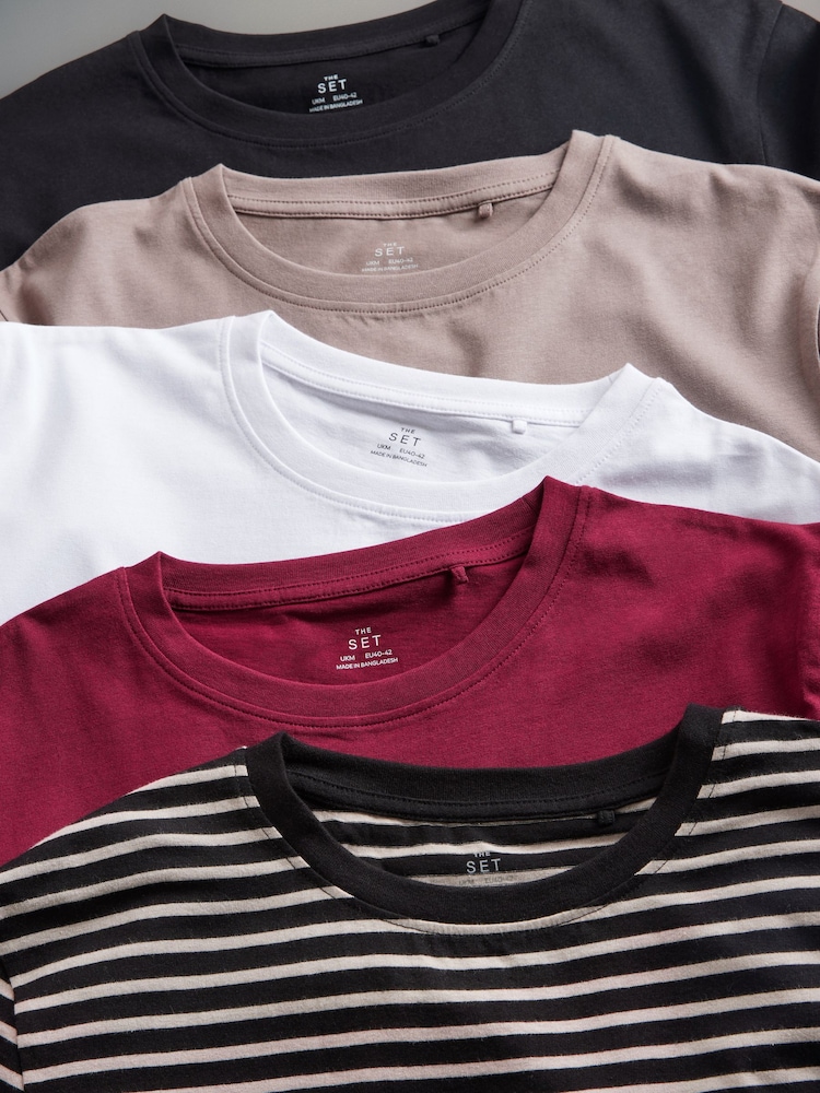 The Set Black/Berry Red/Taupe Brown/White/Stripe 5 Pack Relaxed Short Sleeve 100% Cotton T-Shirts - Image 13 of 13