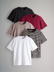 The Set Black/Berry Red/Taupe Brown/White/Stripe 5 Pack Relaxed Short Sleeve 100% Cotton T-Shirts - Image 2 of 13