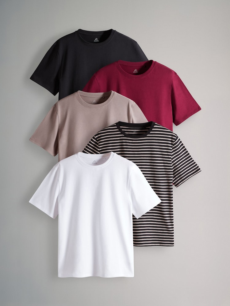 The Set Black/Berry Red/Taupe Brown/White/Stripe 5 Pack Relaxed Short Sleeve 100% Cotton T-Shirts - Image 2 of 13