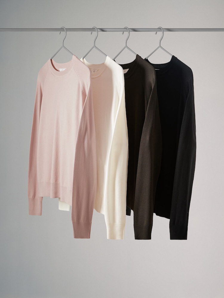 The Set Black/Pink/Chocolate Brown/Cream 4 Pack Fine Knit Crew Neck Jumpers - Image 2 of 8