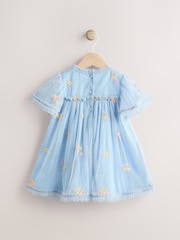 Blue Embroidered Flower Mesh Baby Dress (0mths-2yrs) - Image 2 of 7