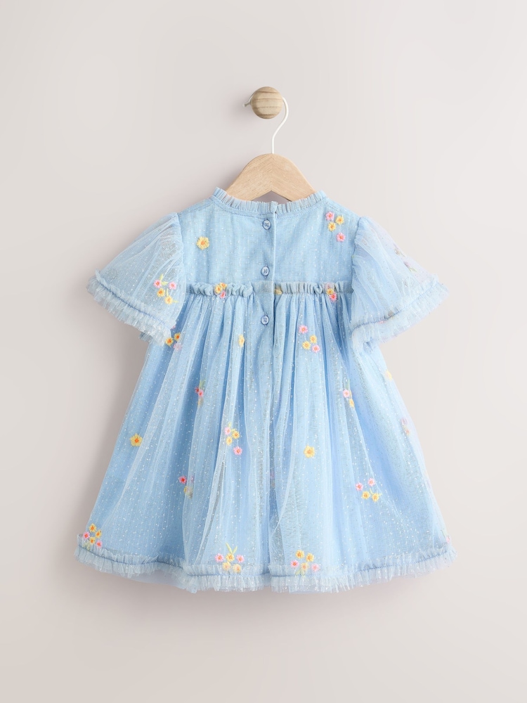 Blue Embroidered Flower Mesh Baby Dress (0mths-2yrs) - Image 2 of 7