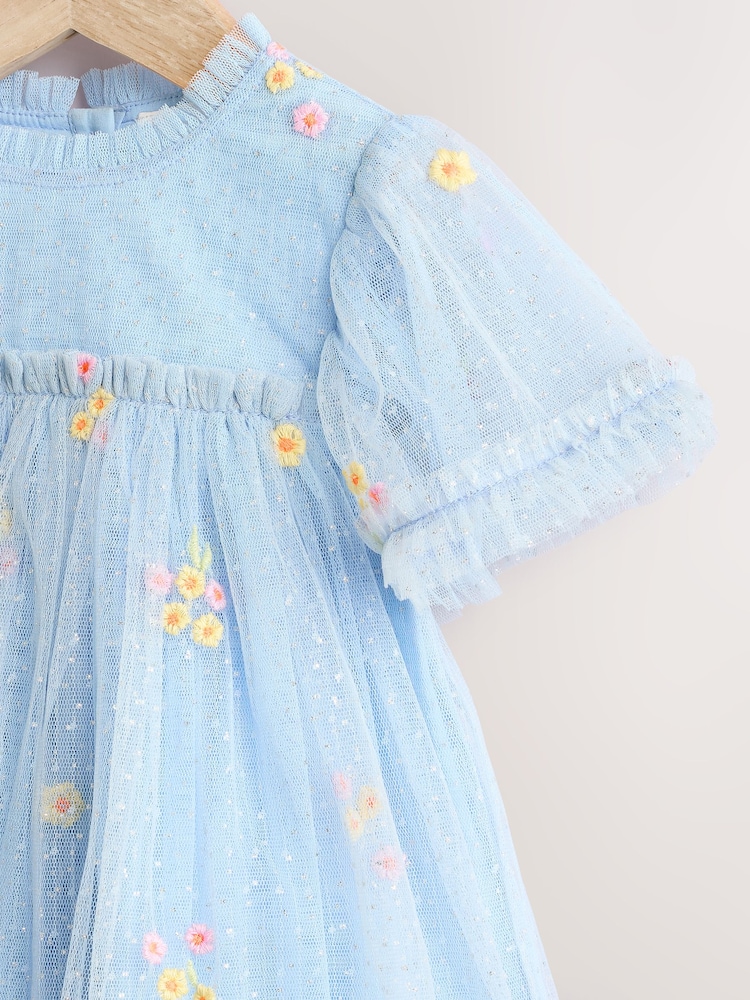 Blue Embroidered Flower Mesh Baby Dress (0mths-2yrs) - Image 3 of 7