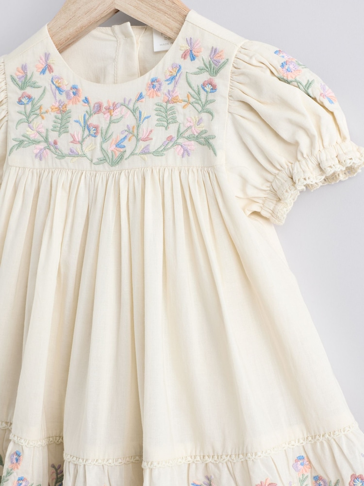Cream Floral Embroidered Baby 100% Cotton Dress (0mths-2yrs) - Image 4 of 9
