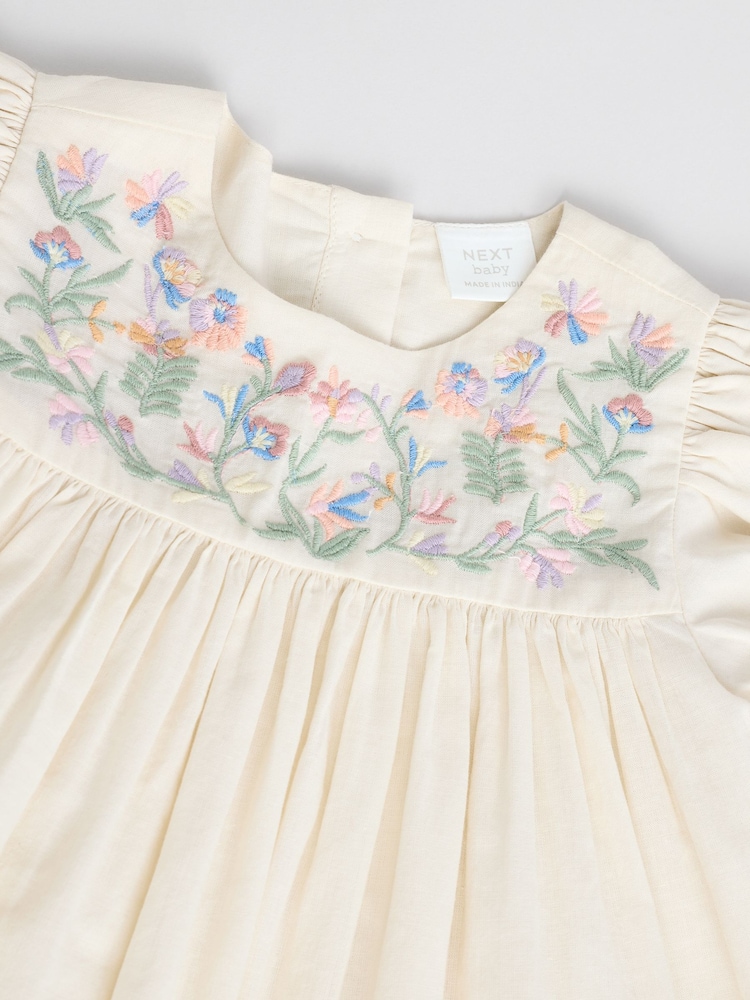 Cream Floral Embroidered Baby 100% Cotton Dress (0mths-2yrs) - Image 5 of 9