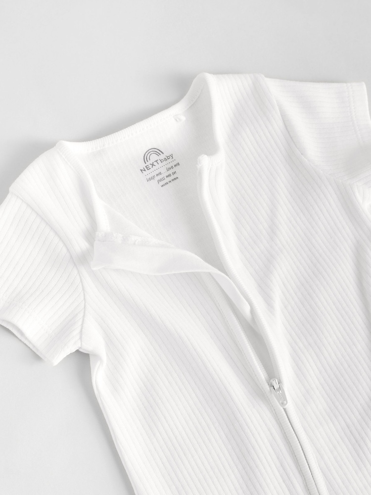 לבן - 3 Pack Two Way Zip Baby 100% Cotton Rompers (0mths-3yrs) - Image 9 of 10