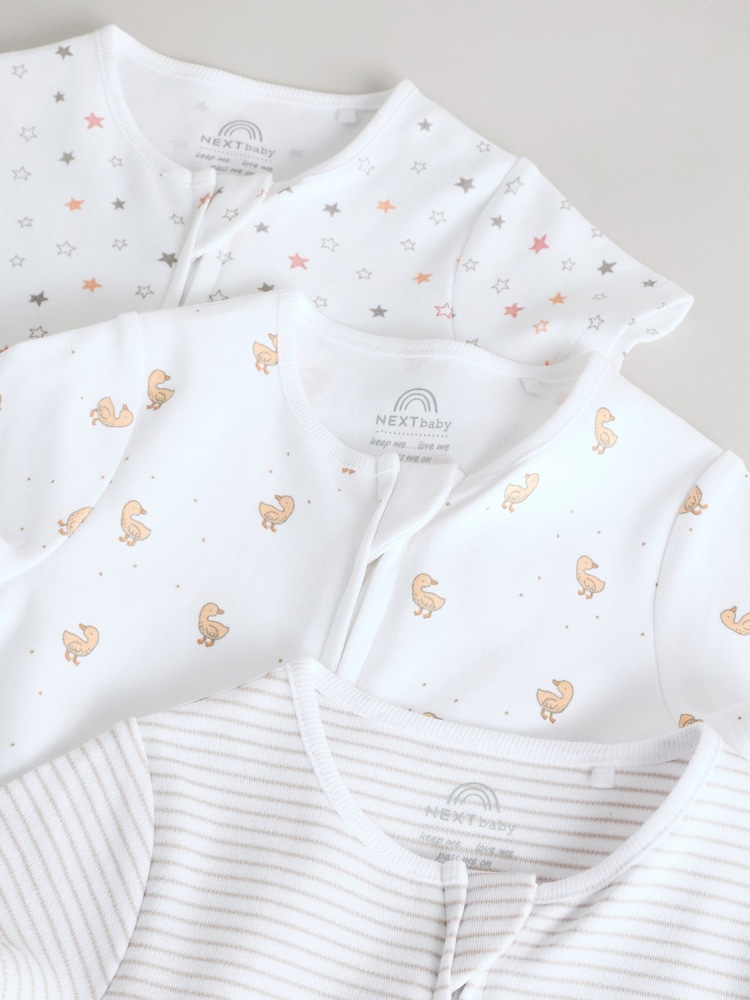 White 100% Cotton Two Way Zip Romper Sleepsuits 3 Pack (0mths-3yrs) - Image 9 of 12