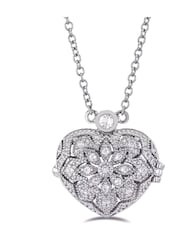 The Diamond Store Silver Tone Heart Locket Lab Diamond Necklace White Topaz - Image 1 of 7