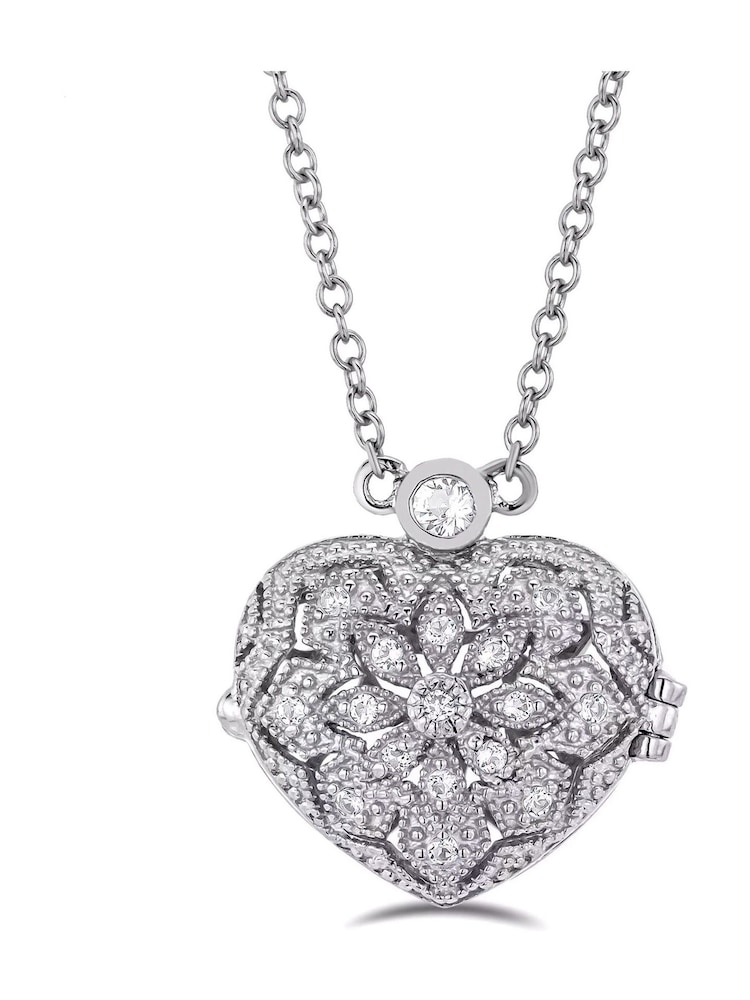 The Diamond Store Silver Tone Heart Locket Lab Diamond Necklace White Topaz - Image 1 of 7