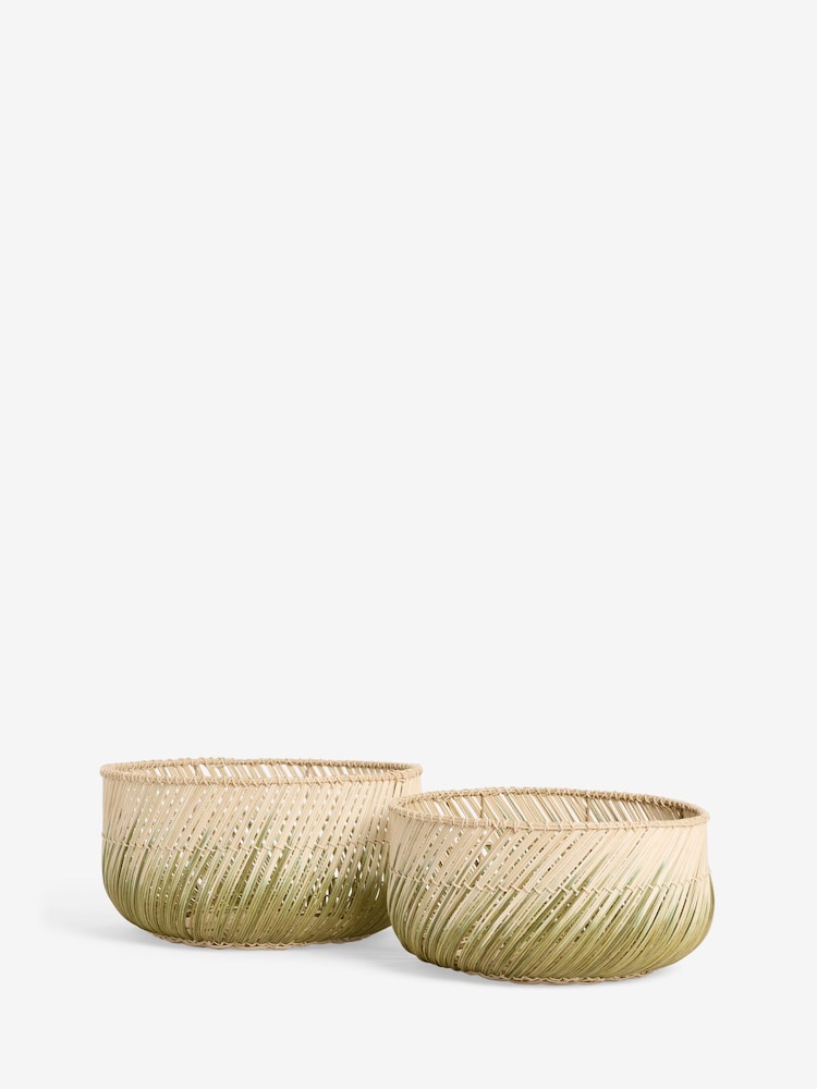 French Connection Sage Green & Natural Ombre Rattan Storage Baskets - Image 3 of 5