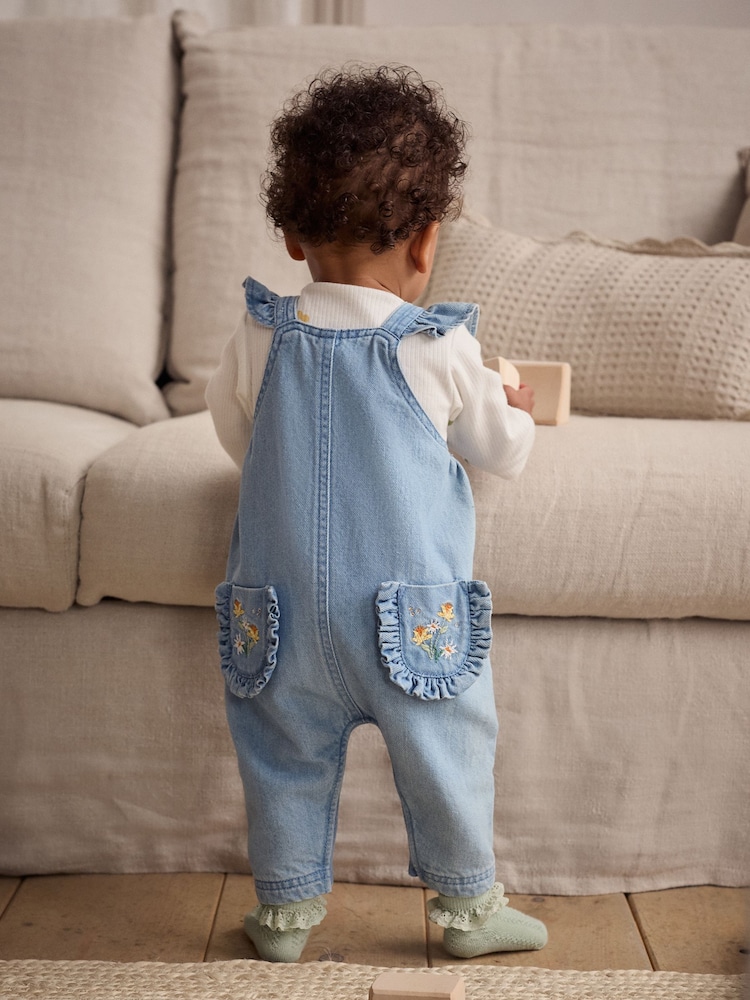 Blue Denim Embroidered Flowers Baby Long Sleeve Bodysuit & Dungarees Set (0mths-2yrs) - Image 2 of 5