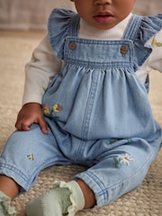Blue Denim Embroidered Flowers Baby Long Sleeve Bodysuit & Dungarees Set (0mths-2yrs) - Image 3 of 5