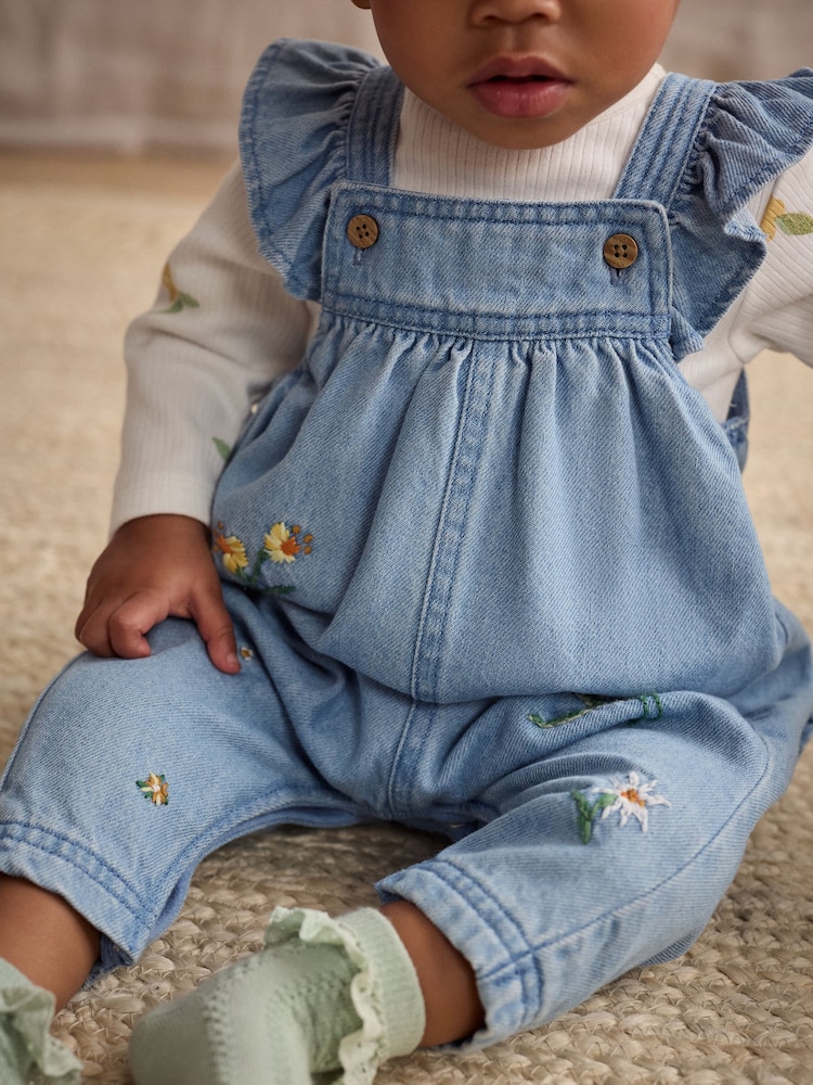Blue Denim Embroidered Flowers Baby Long Sleeve Bodysuit & Dungarees Set (0mths-2yrs) - Image 3 of 5