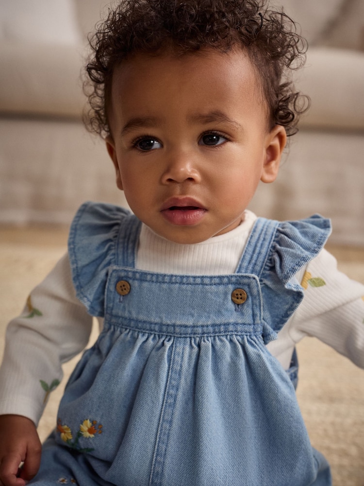 Blue Denim Embroidered Flowers Baby Long Sleeve Bodysuit & Dungarees Set (0mths-2yrs) - Image 4 of 5