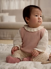 Pink Floral 2 Piece Baby Knitted 100% Cotton Blouse & Leggings Set (0mths-2yrs) - Image 1 of 14
