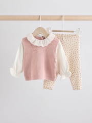 Pink Floral 2 Piece Baby Knitted 100% Cotton Blouse & Leggings Set (0mths-2yrs) - Image 4 of 14