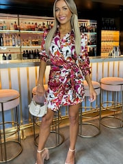 AX Paris Mini Cerise Printed 3/4 Sleeves Waist Side Tie Brown Dress - Image 1 of 3