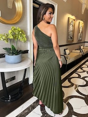 AX Paris Olive One Shoulder Pleated Satin Midi Dress - Image 3 of 5