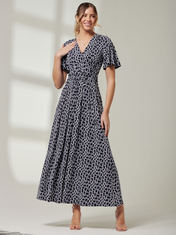 Jolie Moi Blue Front Wrap V-Neck Maxi Dress - Image 1 of 6 Jolie Moi Blue Front Wrap V-Neck Maxi Dress - Image 1 of 6
