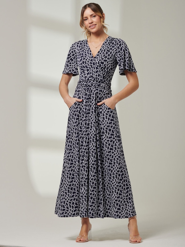 Jolie Moi Blue Front Wrap V-Neck Maxi Dress - Image 6 of 6 Jolie Moi Blue Front Wrap V-Neck Maxi Dress - Image 6 of 6